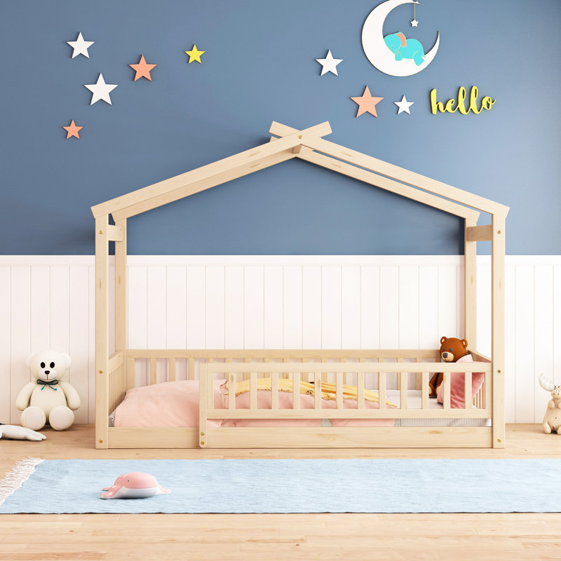 Twin Size ' House Bed - Natural Wood Frame With Fence & Comfort 'S Cozy Sleeping Area, Natural, Twin