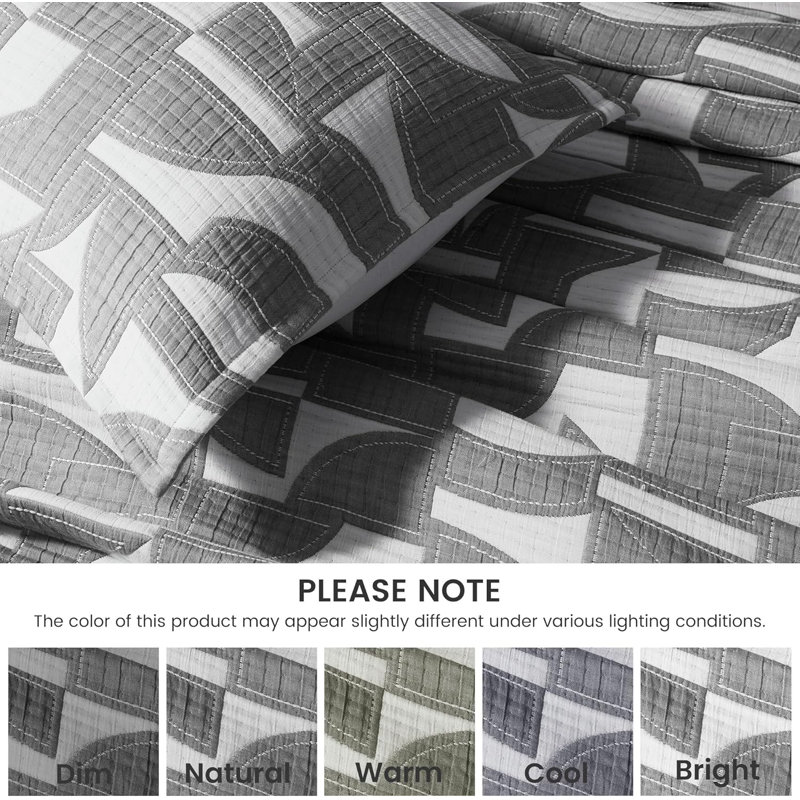 Ensemble de courtepointe en jacquard Tencel Lyocell, Géométrique gris foncé, Courtepointe très grand + 2 taies décoratives