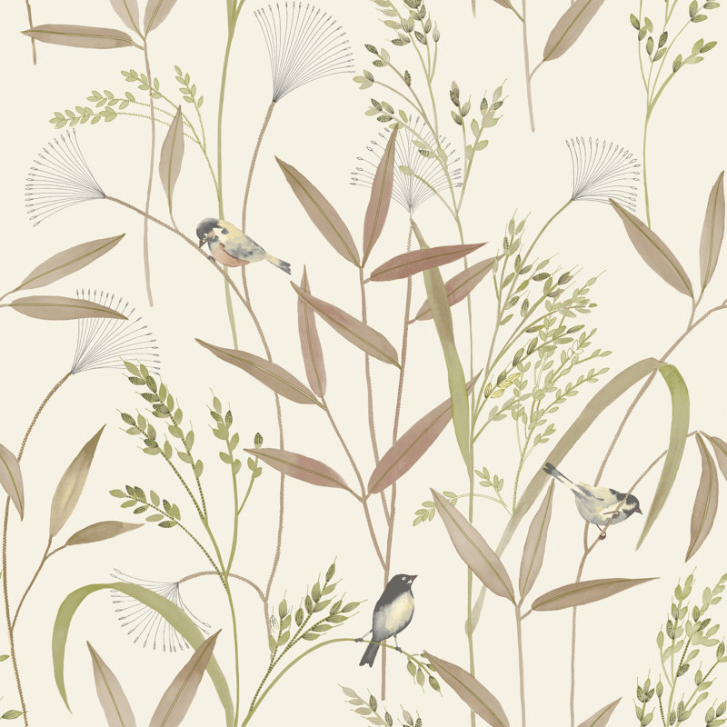 Inia Collection Bird Meadow Leaf Wallpaper Roll, Beige