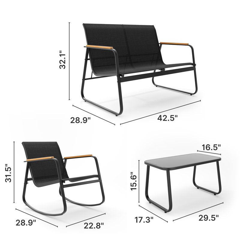 Modern 4-Person Outdoor Conversation Set with 2 Rocking Chairs and 1 Loveseat, All-Weather Sling Mesh Patio Bistro Set with Wood Armrests and Coffee Table