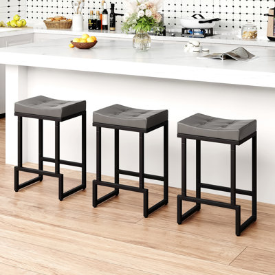 Upholstered Counter Stool with Metal Frame & Footrest, Backless Saddle Seat Counter Height Bar Stools
