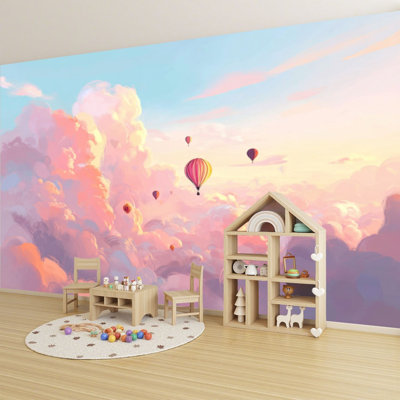 Peel and Stick Wallpaper Soft Nursery Pastel Floating Cloud Sky Balloon Art Decor Nursery Wall Murals 69"H x 96"W Removable PVC Wall Paper Self-Adhesive Wall Decor for Bedroom Living Room Home Office
