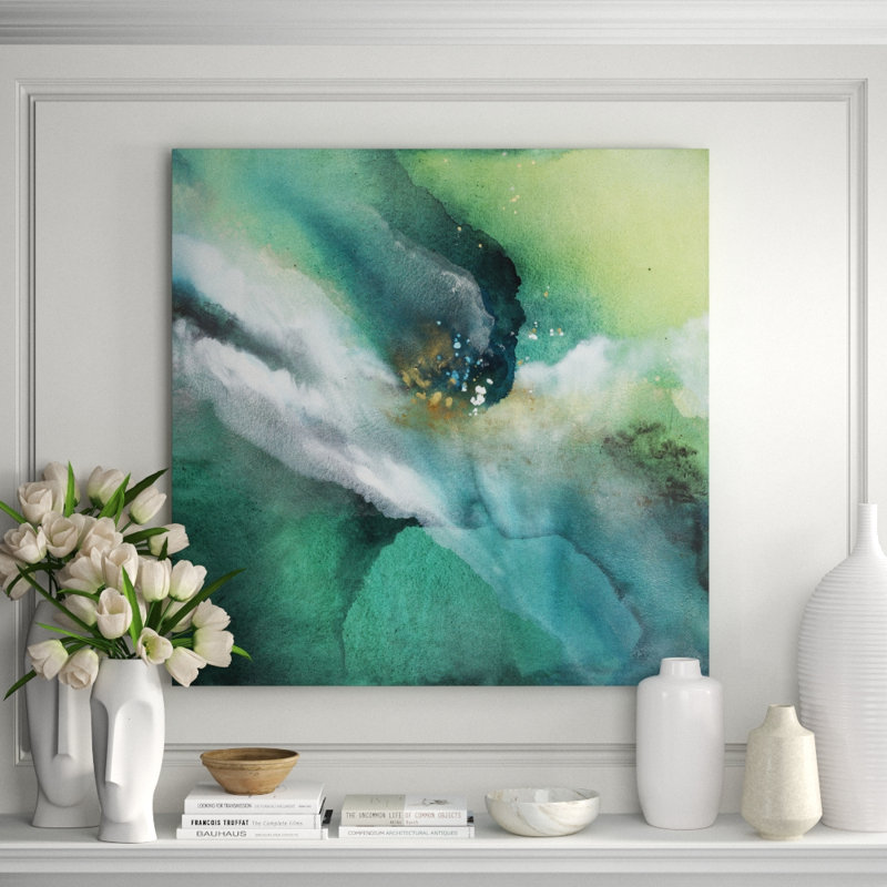 Veridian Botanic Painting by Jennifer Hollack Raboin, 52" H x 52" W x 2.25" D, Gold Frame Canvas