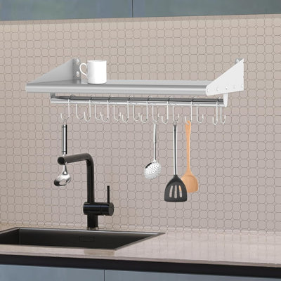 Stainless Steel Wall Mounted Kitchen Shelf with Hooks, Pot and Pan Storage Rack