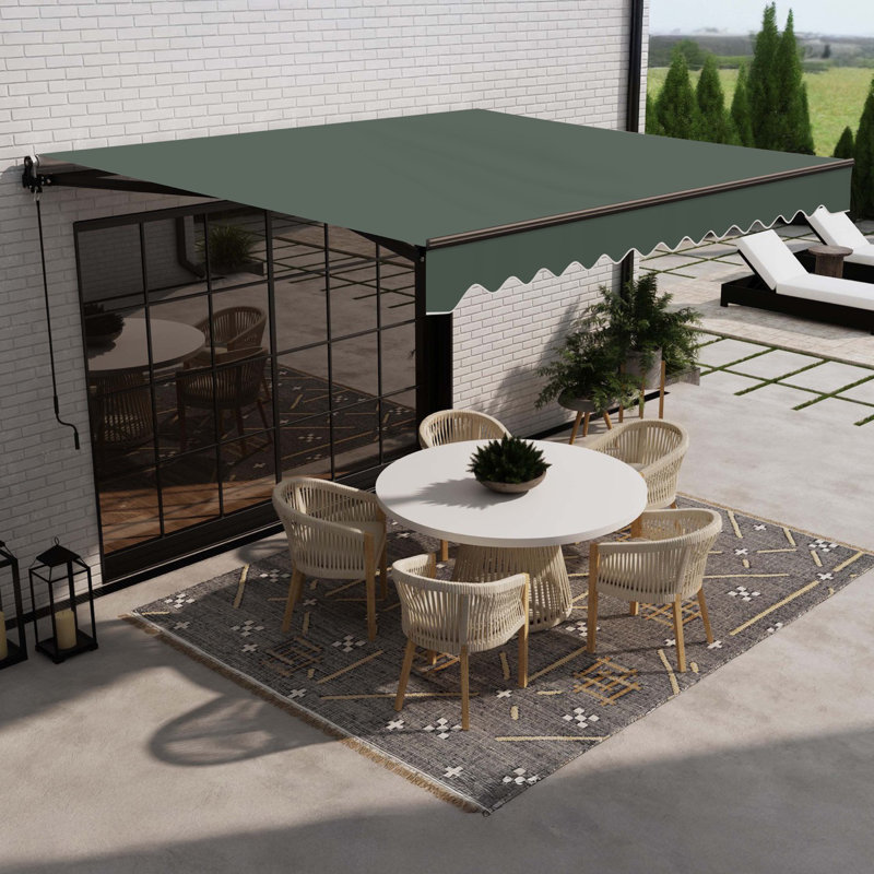Retractable Motorized Patio Awning – Black Frame, 12' W x 10' D, Green