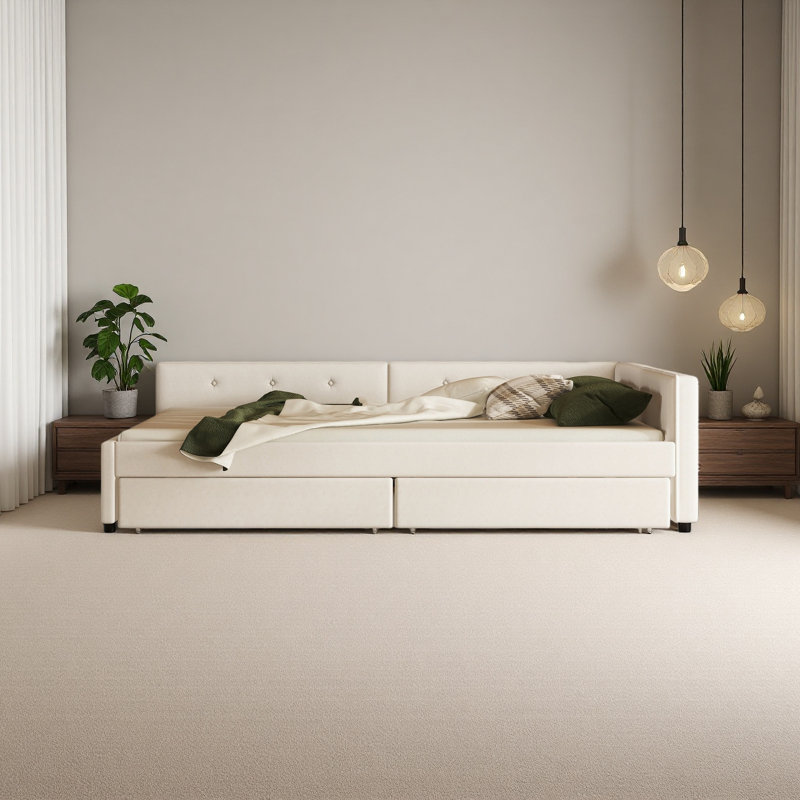 Upholstered Platform Bed With USB And 2 Drawers, Queen