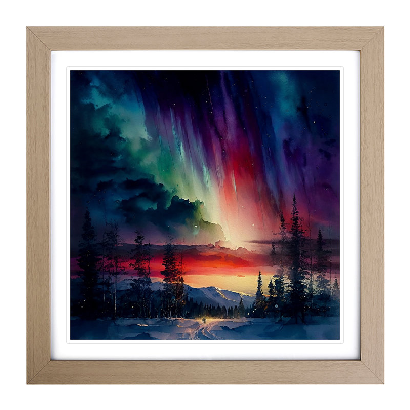 Northern Lights Watercolour - Framed Print, Oak