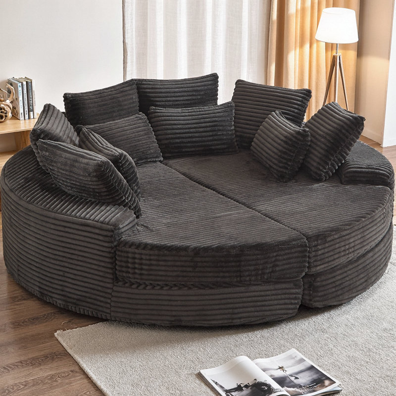 Fauteuil inclinable rond en velours côtelé de 78,5 pouces, convertible en deux fauteuils inclinables séparés ou un canapé-lit, comprend un coussin pour le cou et cinq coussins décoratifs, aucune méridienne à assembler requise