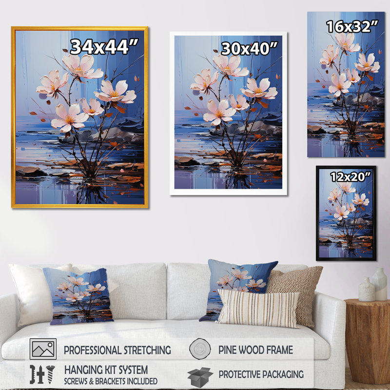 Riverside Blooms Flowers On River - Art mural fleur, Toile tendue, H 32 po x l 16 po x P 1 po