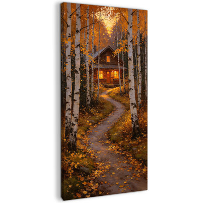Grande toile verticale représentant un bouleau - Peinture chaleureuse d'une forêt d'automne, œuvre d'art imprimée sur toile tendue sur châssis en pin, idéale pour le salon, la chambre à coucher, l'entrée et le bureau, 71 x 147 cm (28 x 58 pouces).