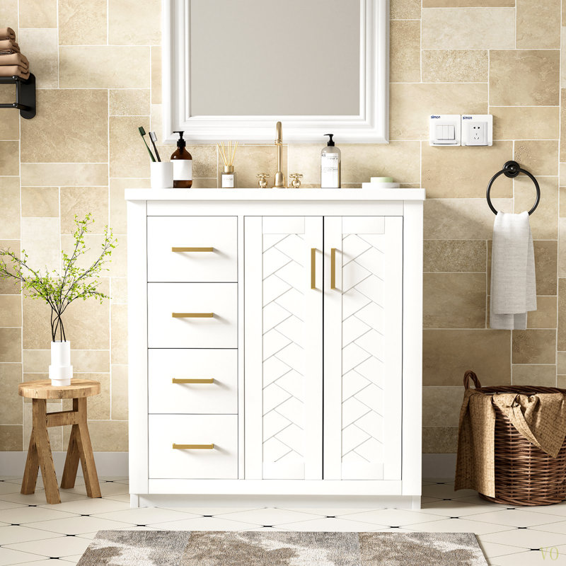 30'' Bathroom Vanity With Ceramic Sink Combo,Solid Wood Frame Bathroom Storage Cabinet, Freestanding Vanity Set With 3 Drawers  Soft Closing Doors
