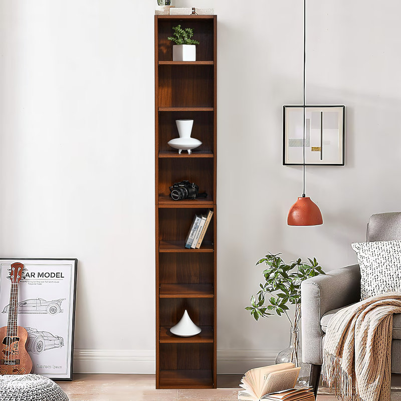 71" H 8-Tier Double-Decker  Multimedia Storage,  With Adjustable Shelves Narrow Bookcase, Walnut