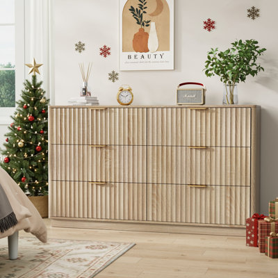 Commode à 6 tiroirs, commode double en bois 54 po pour chambre à coucher