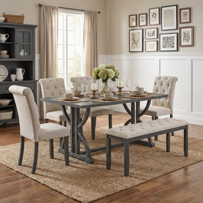 6-Piece Retro Dining Table Set, Solid Wood Dining Set with Rectangular Trestle Table and 4 Upholstered Chairs & Bench for Dining Room and Kitchen