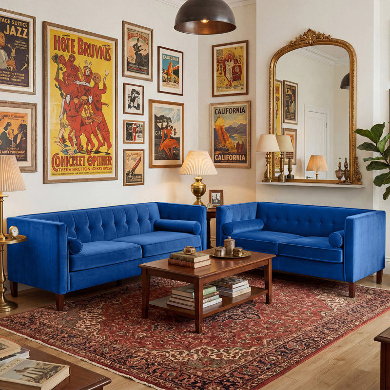 Ensemble de salon 2 pièces capitonné Mid-Century, Bleu