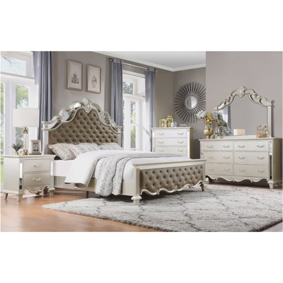 Katti Champagne Upholstered Sleigh Bedroom Set King 3 Piece: Bed, Dresser, Mirror -  Rosdorf Park, 36804C89037F435B8334A3D8FCE0928E