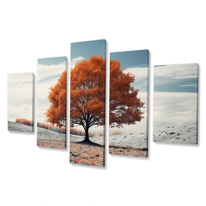 «Red Tree Autumn Whispers», reproduction d'art sur toile - 5 panneaux