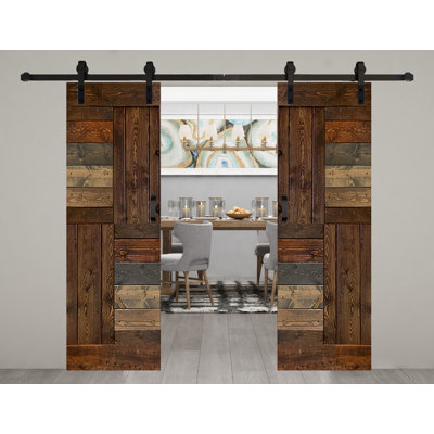 Porte de grange coulissante double en bois massif avec trousse de quincaillerie brevetée S Series - assemblage requis