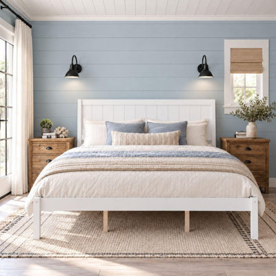 Wood Platform Bed with Headboard and Slat Support, White