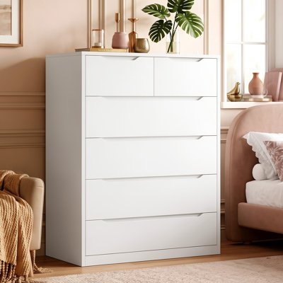 6 - Drawer Dresser, Wood Dressers & Chests of Drawers with Smooth Metal Rail and Wider Trapezoidal Base for Enhanced Stability,White