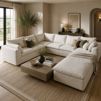 Canapé modulaire en forme de U 108,3 po à 8 sièges avec repose-pieds, canapé d'angle surdimensionné en U à assise profonde, assemblage sans outil comprimé sous vide, grand canapé en tissu tissé texturé pour le salon, blanc crème