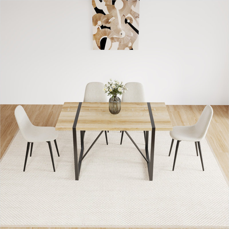 Table de salle à manger carrée en bois aggloméré de 55 pouces avec 4 chaises en lin beige, ensemble de pieds en métal de style Mid-Century moderne