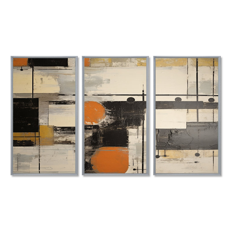 «Deconstrstruction Beige Orange Black White - Abstract Shapes», ensemble de reproductions d'art mural, Encadrement argenté
