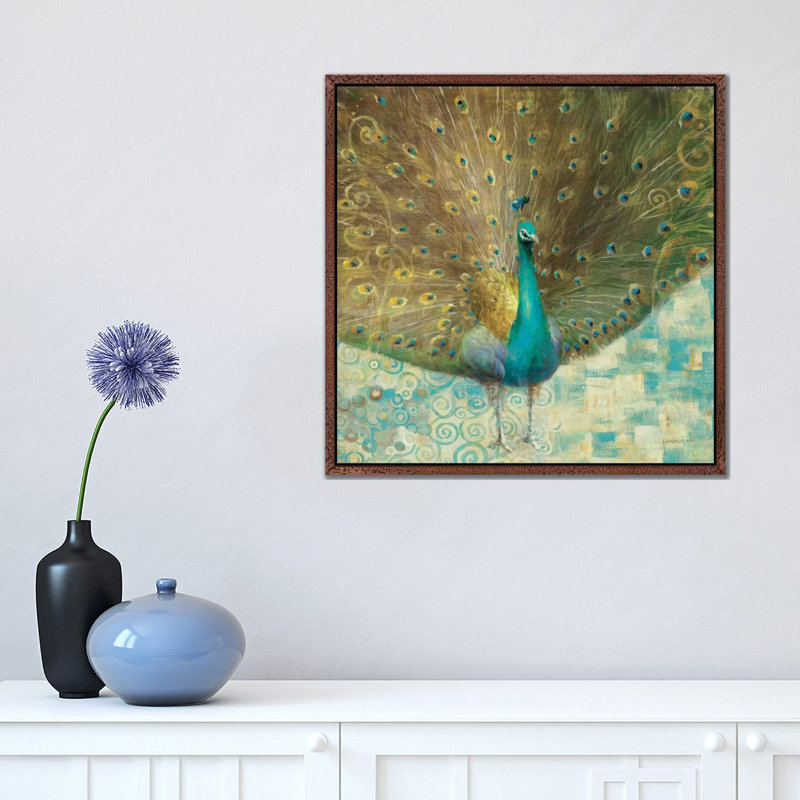 Teal Peacock On Gold by Danhui Nai - Painting on Canvas, 45.72 cm H x 45.72 cm W, Classic Brown Wood Framed