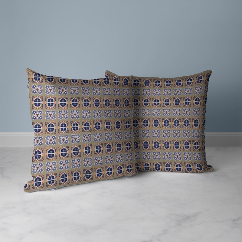Coussin décoratif réversible intérieur / extérieur Darbari Dynasty, Bleu / noisette, H 26 po x l 26 po