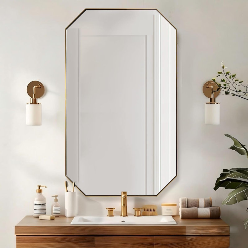 Contemporary Cut Corner Octagonal Scalloped Bathroom Vanity Mirror | Stainless Steel Frame, Brushed Gold, 48" x 30"