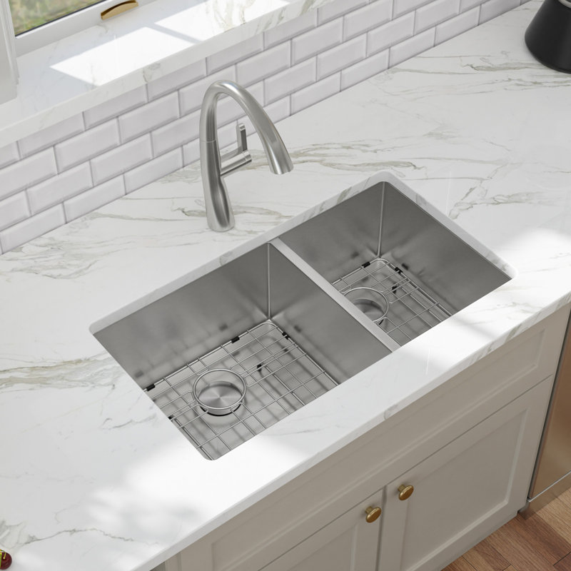 Évier de cuisine en acier inoxydable encastrable L 36 po x l 19 po, évier de cuisine à double cuve 60/40 avec crépine, grille d'évier et support à enrouler