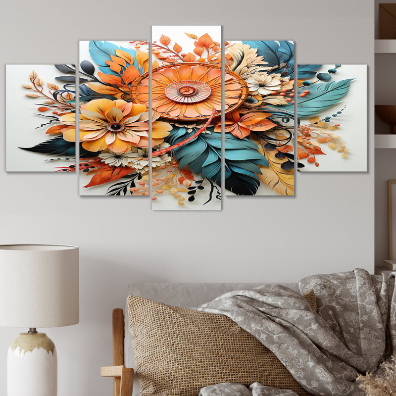 Fleurs de bohème orange et plumes bleues II - impression sur toile de Dream Catcher - 5 panneaux