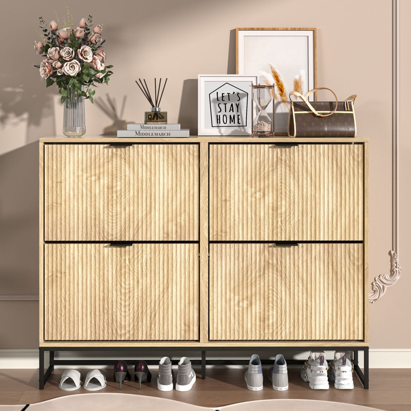 24 Pair Fluted Shoe Cabinet，with 4 Flip Drawers Shoe Storage Organizer Unit, Natural/Black