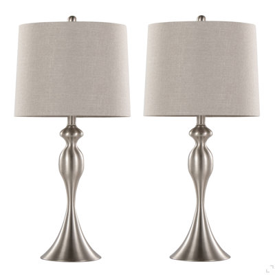 Lampe de table contemporaine en métal brossé 27 po en nickel brossé avec lin texturé gris et abat-jour nickel brossé de Grandview Gallery - ensemble de 2