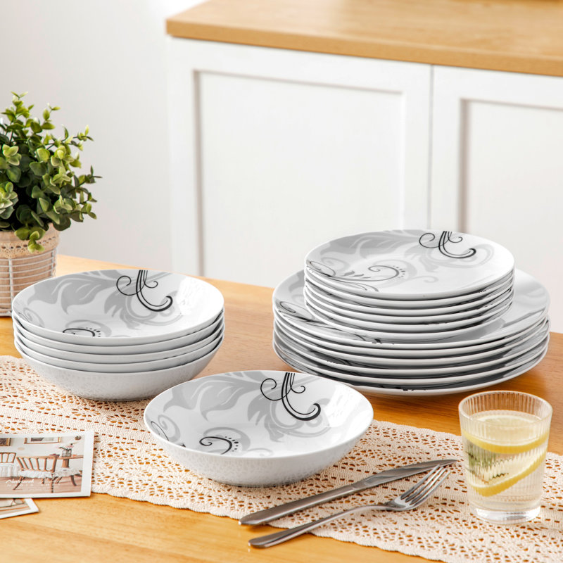 Service de table 18 pièces en céramique blanche avec motifs de lignes noires artistiques, ensemble de 6 personnes comprenant 6 assiettes à dîner, 6 assiettes à dessert, 6 bols, vaisselle moderne minimaliste