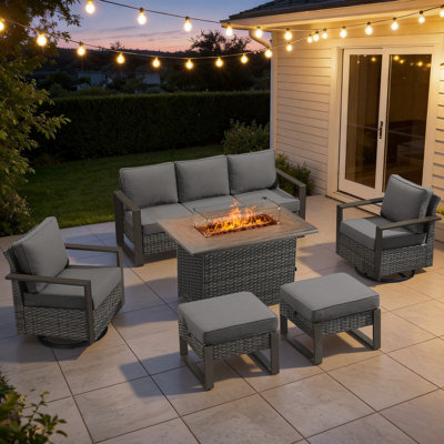 Ensemble de mobilier de patio pour 7 personnes avec table de foyer, ensemble de conversation en osier toutes saisons avec chaise et coussins épais Drazen