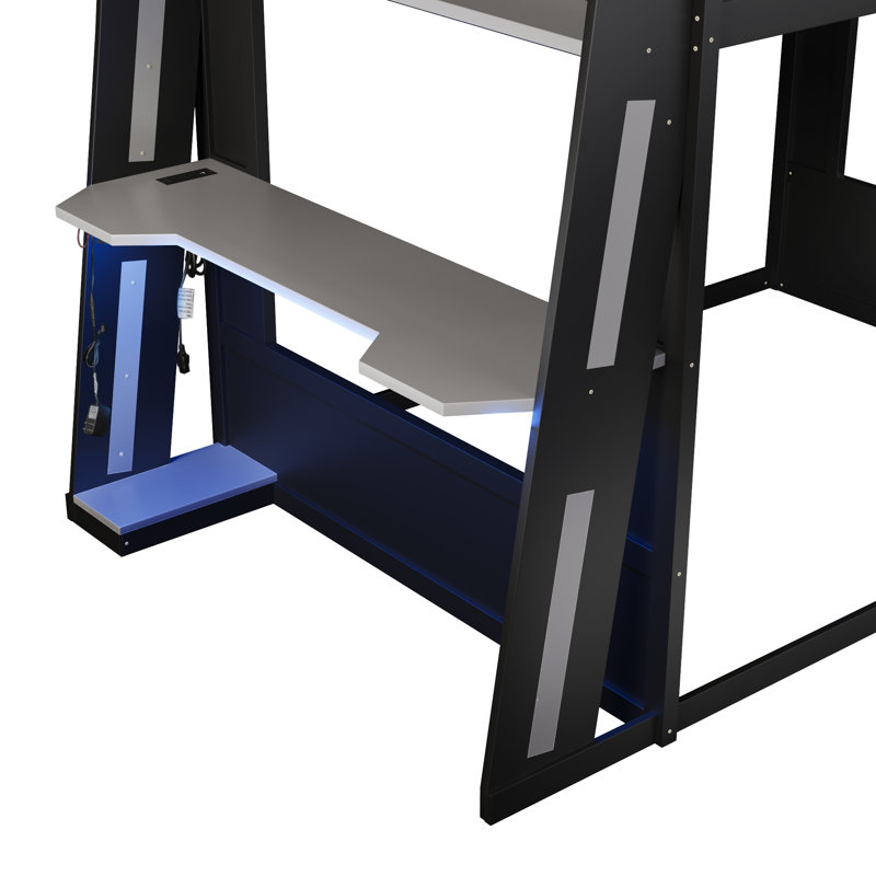 Grand lit superposé en bois avec bureau, deux tablettes de rangement, charge USB et lumière DEL, noir et gris, Gris