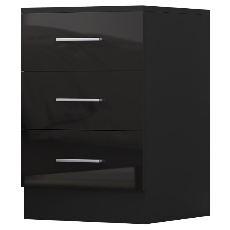 Eva High Gloss 3 Drawer Bedside Table - H: 59.5cm x D: 38cm x W: 39.5cm, Black Oak/Gloss Black