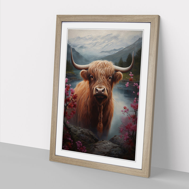 Highland Cow Renaissance - Single Picture Frame Print on Wood, 46cm H x 34cm W x 2cm D, Oak