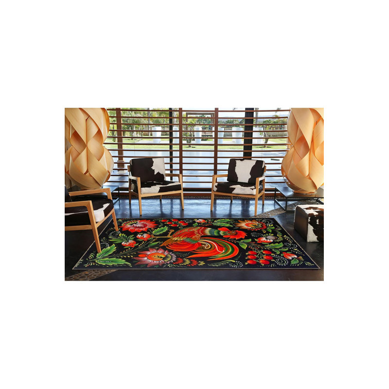 Tapis décoratif moderne noir à motif de roses abstraites, Sous-tapis carré 3 pi 3 po inclus