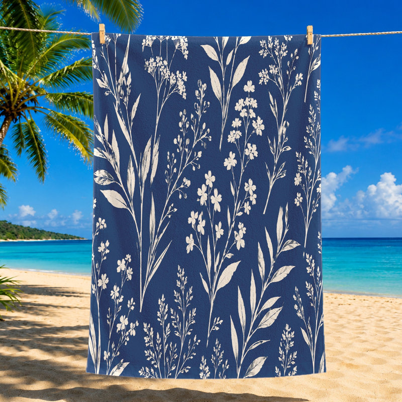 1 serviette de plage à motif floral bleu marine avec imprimé botanique blanc délicat. Grande microfibre, idéale pour la natation, les voyages et le camping, unisexe.