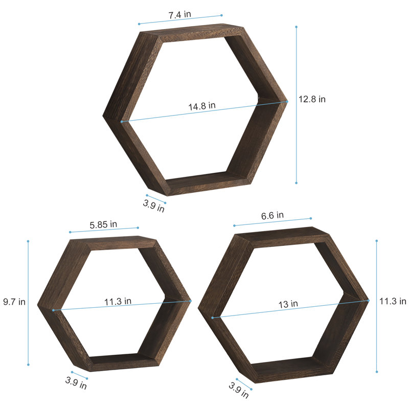 Emeria 3 Piece Hexagon Floating Shelf, Brown