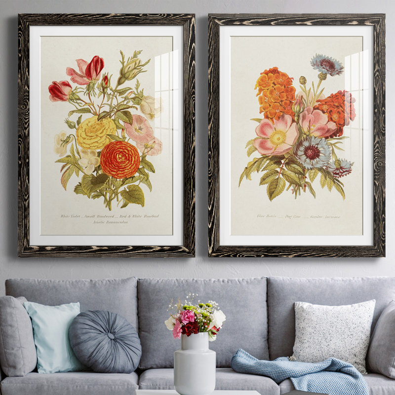 Antique Floral Bouquet I - Ensemble de 2 reproductions de cadres photo, H 37,5 po x l 55 po x P 1,5 po, Cadre noir