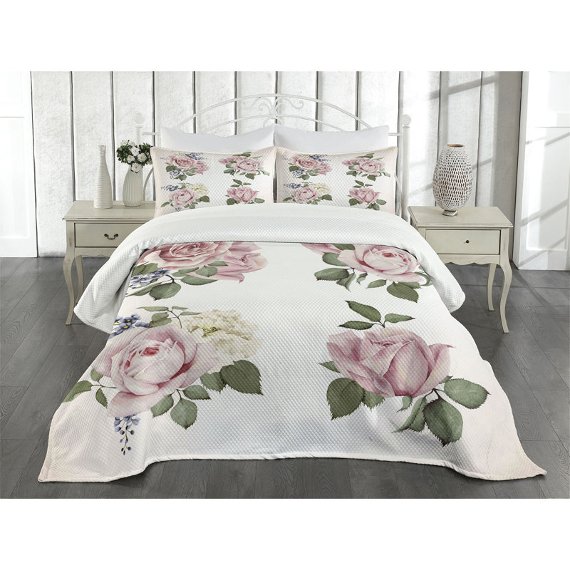 Queen Pink Floral Quilted Bedspread Set with Shams