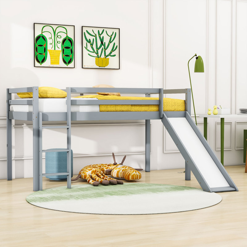 Kenslie Twin Wood Loft Bed With Slide, Ladder And Safety Guardrails Kenslie, Gray