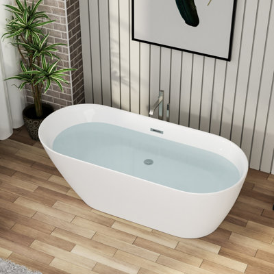 67"L x 29.1"W Thin Edge Oval Freestanding Bathtub Acrylic Soaking Tub with Pop Up Drain and Overflow Hole