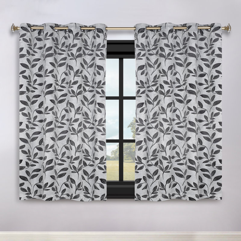Finklea Floral Pattern Polyester Light Filtering/Room Darkening Rod Pocket Curtain Panels, 52" W x 63" L, Silver/Black