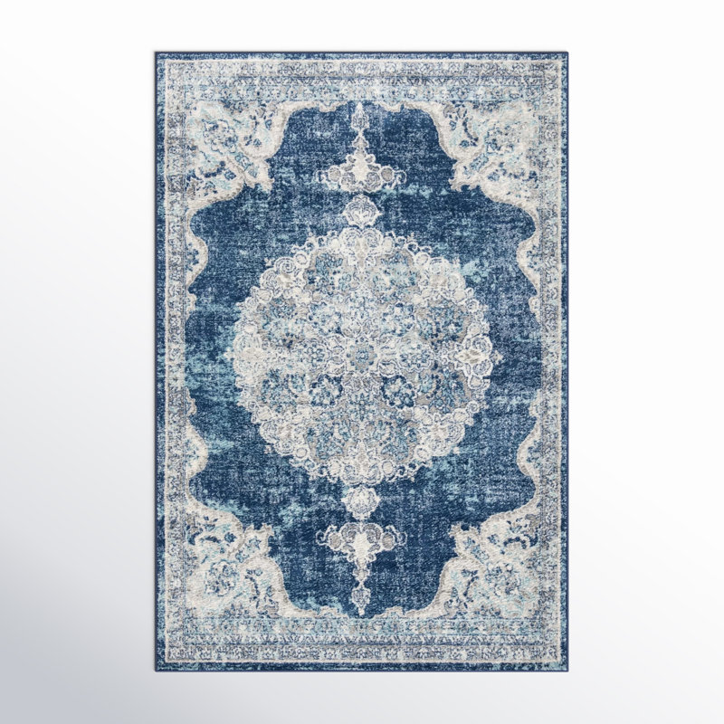 Barcus Oriental Navy/Ivory Area Rug, Rectangle 6' x 9'