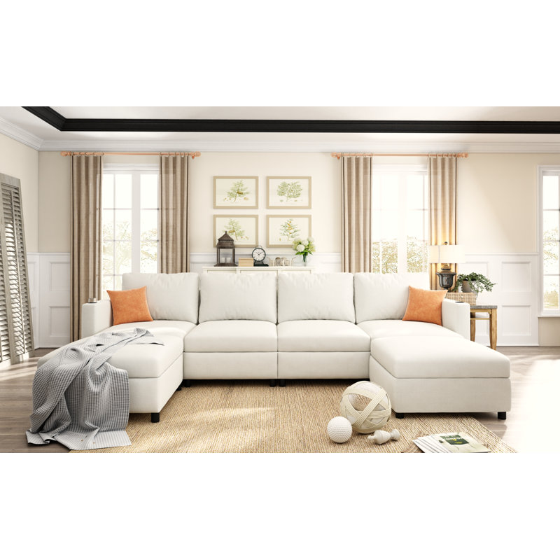 Tafariah 123.6'' U-shaped Sectional Upholstered Sofa, Antique White Chenille