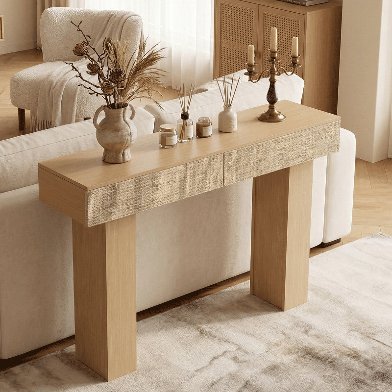 Console de 45,1 po avec 2 tiroirs en rotin et table d'entrée étroite